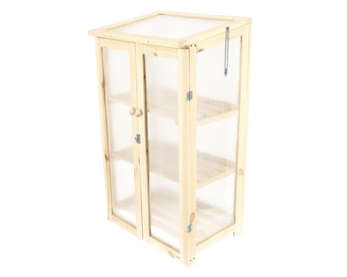 Kleine houten plantenkas met twee planken en transparante wanden