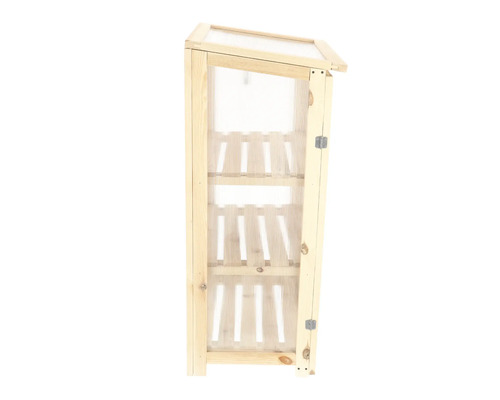 Houten kweekbak met drie schappen en een open deur.