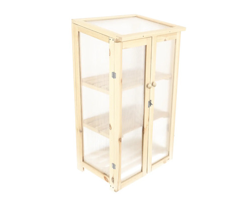 Kleine houten kas met twee planken en dubbele deuren