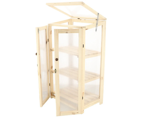 Houten plantenkas met drie planken en transparante wanden