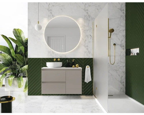 Moderne badkamer met wastafelmeubel, spiegel, douche en groene accenten