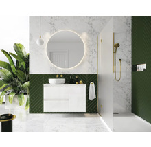 Moderne badkamer met wastafel, spiegel, douche en planten.