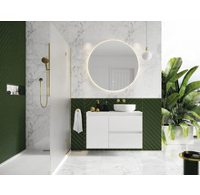 Moderne badkamer met douche, wastafel, ronde spiegel en planten