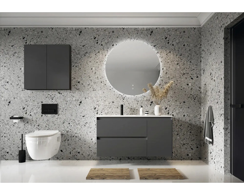 Moderne badkamer met wastafelonderkast, spiegelkast, ronde spiegel, hangtoilet en gemêleerde wand