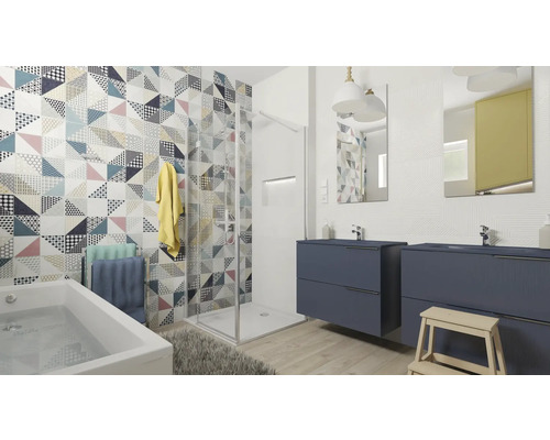 Badkamer met bad, douche en dubbele wastafelonderkast