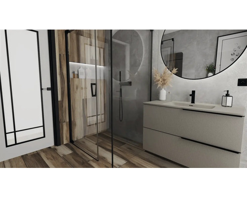 Moderne badkamer met douche, wastafel en spiegel