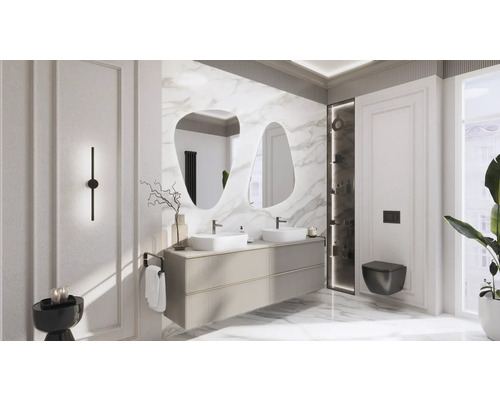 Moderne badkamer met dubbele wastafel, spiegels en wandcloset