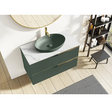 Badkamer met wastafel, onderkast met twee laden, kraan en spiegel