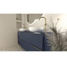 Badkamer met blauw wastafelonderkast, twee opzetwastafels en kranen