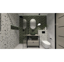 Moderne badkamer met douche, wastafel, spiegel, toilet en terrazzo tegels.