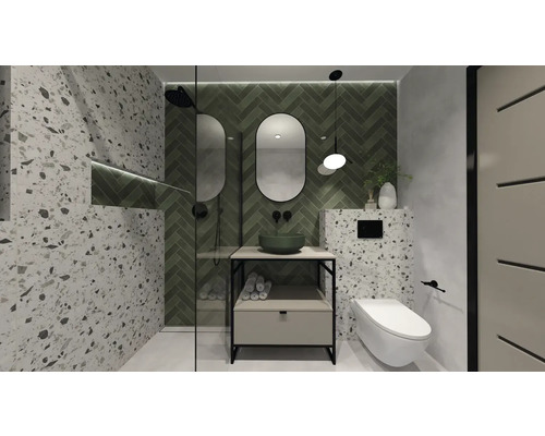 Moderne badkamer met douche, wastafel, spiegel, toilet en terrazzo tegels.