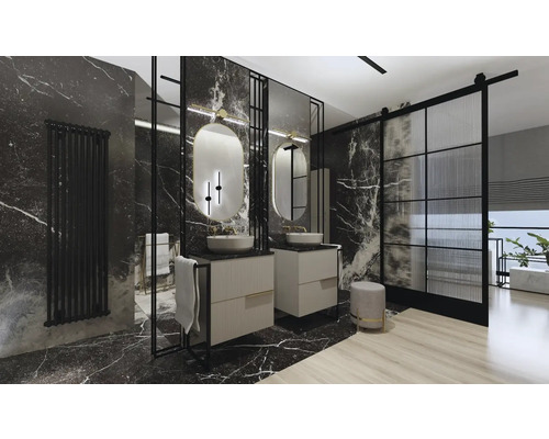 Lichte badkamer met wastafels, spiegels en marmeren wand