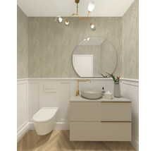 Lichte badkamer met toilet, wastafelmeubel, spiegel en plafondlamp