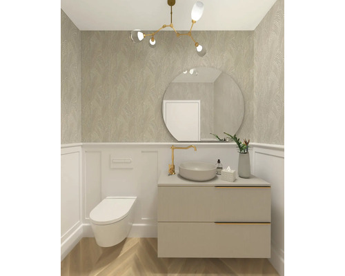 Lichte badkamer met toilet, wastafelmeubel, spiegel en plafondlamp