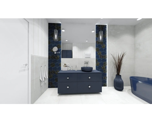 Moderne badkamer met blauw wastafelonderkast, opzetwastafel en wandtegels