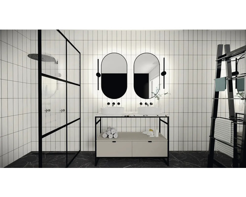 Moderne badkamer met douche, wastafelmeubel met twee wastafels en handdoekenrek