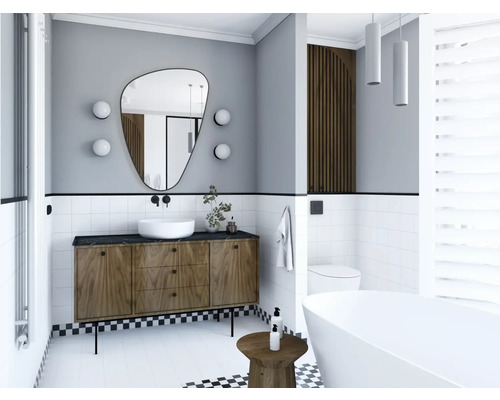 Moderne badkamer met wastafelonderkast, spiegel en vrijstaand bad