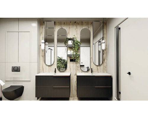 Moderne badkamer met dubbele wastafel, spiegels en hangtoilet.