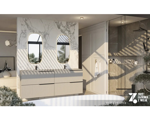 Moderne badkamer met dubbele wastafel, spiegels en douche