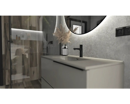 Moderne badkamer met wastafel, kraan, spiegel en decoratie