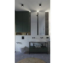 Lichte badkamer met wastafel, spiegel, toilet en badkamermeubels voor een georganiseerde ruimte.