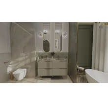 Badkamer met wastafel, spiegels, toilet en bad