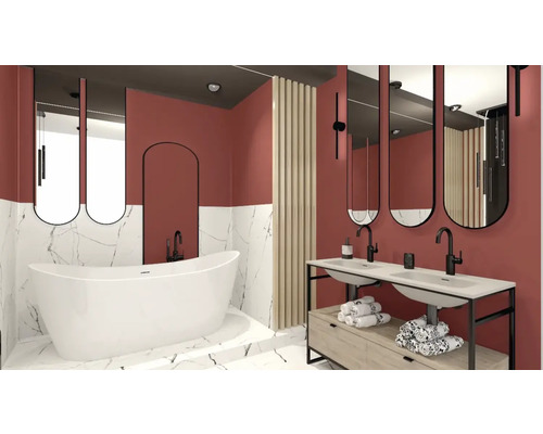 Moderne badkamer met vrijstaand bad, dubbele wastafel en spiegels