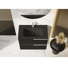 Moderne badkamer met zwart wastafelmeubel en ronde spiegel