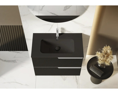 Moderne badkamer met zwart wastafelmeubel en ronde spiegel