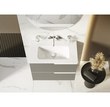 Moderne badkamer met wastafelonderkast, wastafel en ronde spiegel