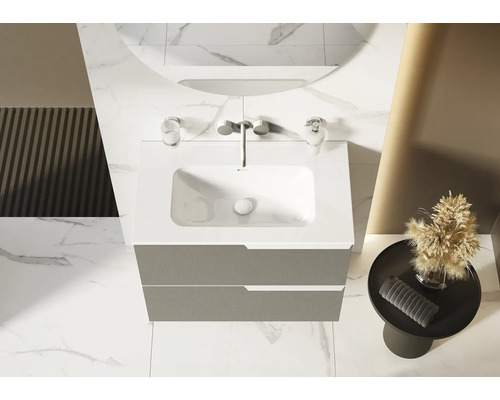 Moderne badkamer met wastafelonderkast, wastafel en ronde spiegel