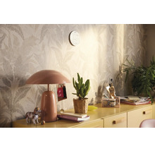 Decoratieve kamer met patroonbehang, tafellamp en diverse decoraties op een gele kast.