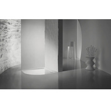 Lichte badkamer met douche en decoratieve elementen.