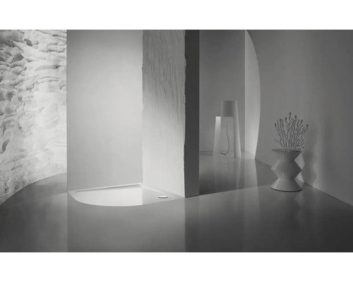 Lichte badkamer met douche en decoratieve elementen.