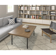 Woonkamer met bank, vloerkleed, salontafel, stoel en boekenkast