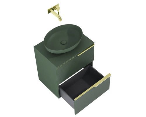 Wastafelcombinatie met opzetwastafel, kraan en open lade