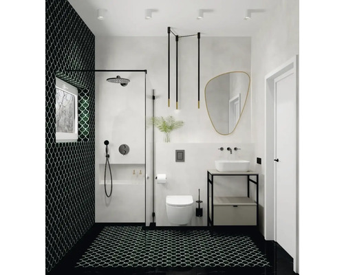 Moderne badkamer met douche, wastafel, spiegel en zwarte accenten