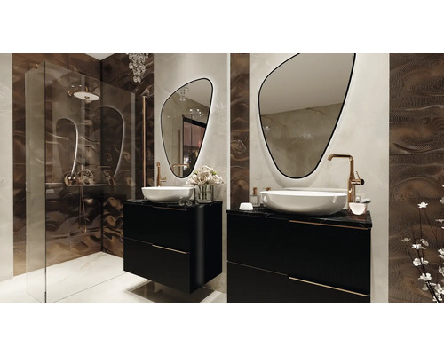 Moderne badkamer met douche, wastafels, spiegels en stijlvol interieur