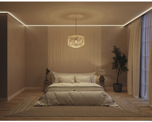 Lichte slaapkamer met tweepersoonsbed, vloerkleed en kamerplant