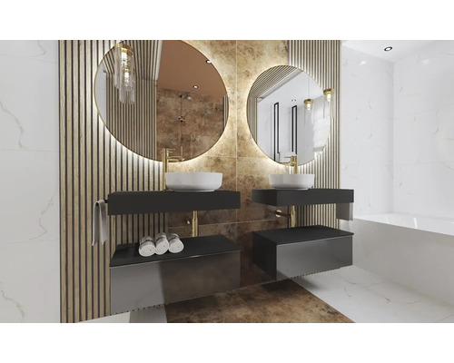 Badkamer met twee wastafels, ronde spiegels en houten panelen
