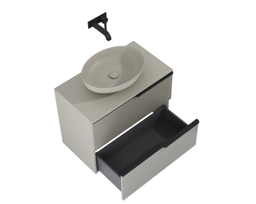 Wastafelcombinatie met opzetwastafel, open lade en kraan