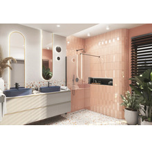 Moderne badkamer met dubbele wastafel, douche en terrazzo vloer