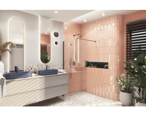 Moderne badkamer met dubbele wastafel, douche en terrazzo vloer