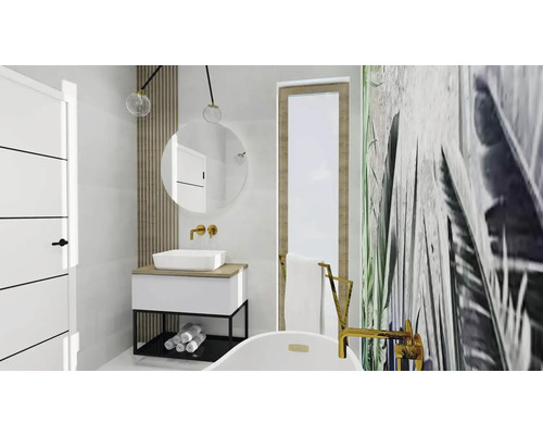 Badkamer met wastafel, spiegel en bad in licht design