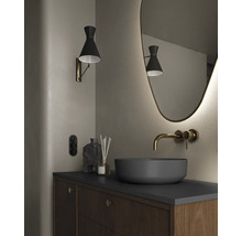 Badkamer met waskom, wandkraan, spiegel, wandlamp en onderkast