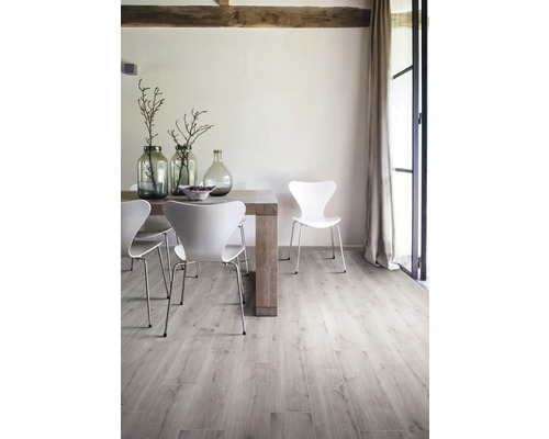 Lichte kamer met eettafel, stoelen en houten vloer.