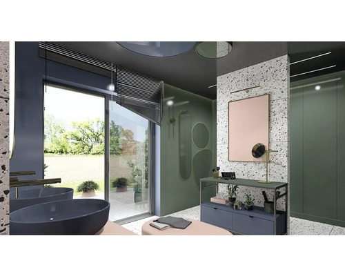 Moderne badkamer met dubbele wastafel, spiegel en raam