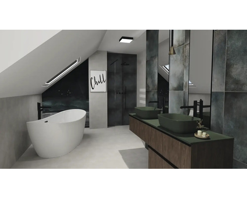 Moderne badkamer met ligbad, douche en dubbele wastafel