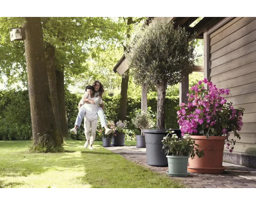 Tuin met verschillende bloempotten en een paar dat elkaar op de rug draagt