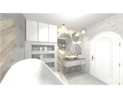 Badkamer met bad, wastafel, spiegels en kasten voor een modern design